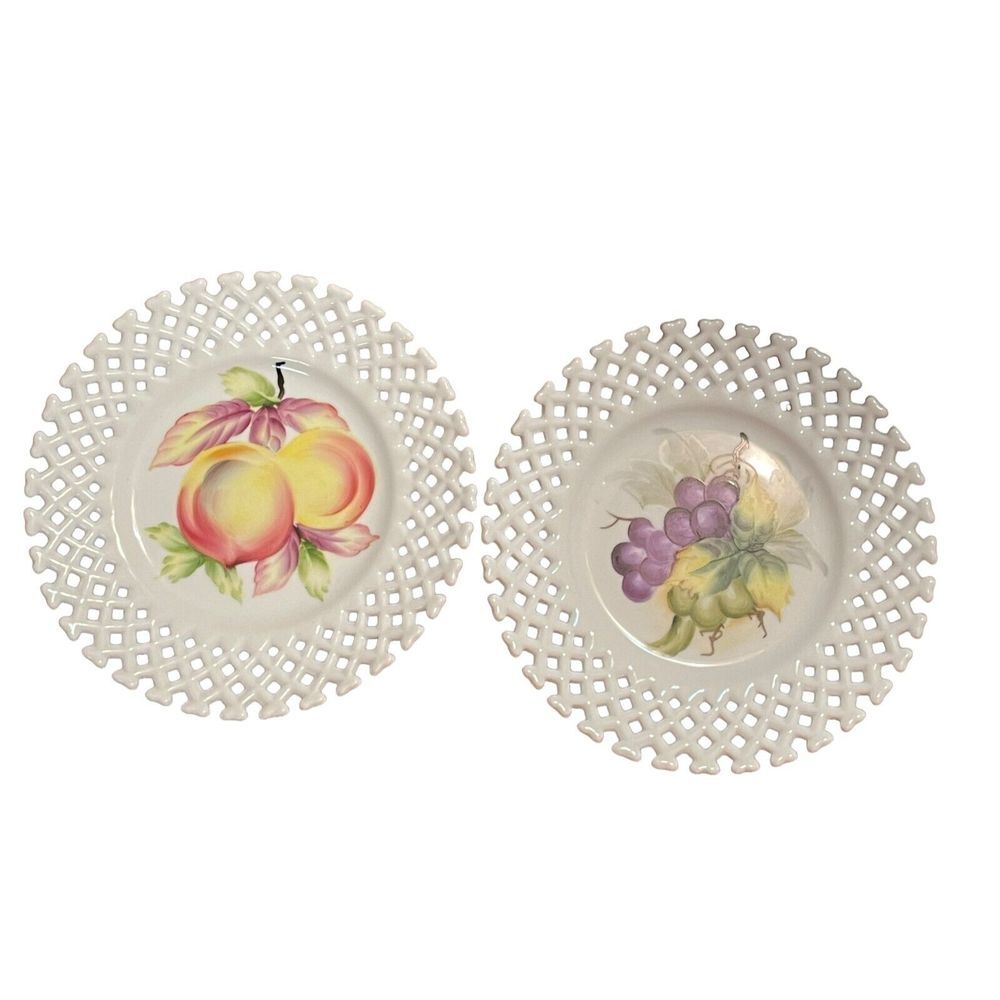 Vintage Celeste 8 inch Reticulated Milk Glass 2 Plates Fruit Design Lattice Edge